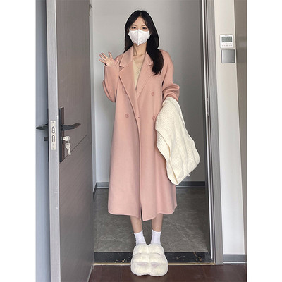 速发高品质粉色双面羊绒大衣女秋冬季高级感气质宽松小个子中长款