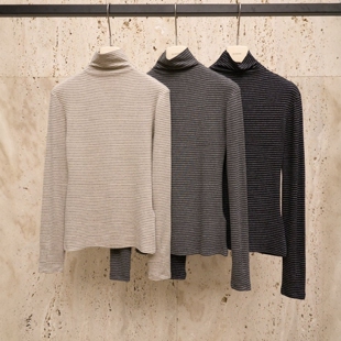 韩国代购BLOSSOM条纹长袖t恤女 2025秋冬高领加厚磨毛修身打底衫