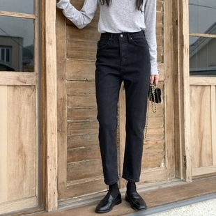 韩国东大门代购黑色小直筒长裤女2024秋冬高腰加厚修身牛仔烟管裤