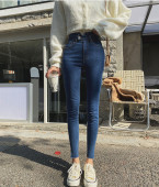 紧身显瘦高腰铅笔裤 拉绒蓝色牛仔裤 女 2025秋冬修身 韩国东大门代购