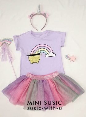 1-8岁mini susic澳洲女童紫色彩虹短袖T恤+彩色网纱半裙（分开拍