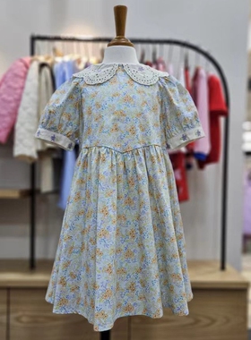 110-145韩系高端女童白色刺绣翻领满印花朵短袖连衣裙