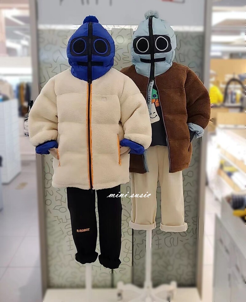 100-155韩国童装潮童两色仿羊羔毛机器人面罩连帽棉服棉衣外套