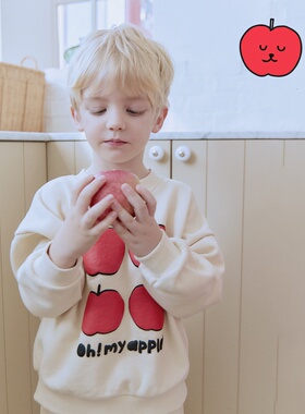 包邮100-145韩系潮童RJ印花苹果毛圈套头卫衣