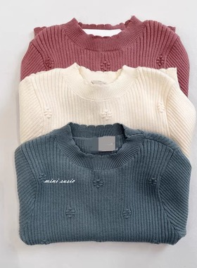 断码特价包邮100-130日系pm女童细针织坑条高弹小圆领套头毛衣