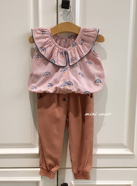 90-120韩国童装女童粉紫色无袖荷叶边可爱短上衣