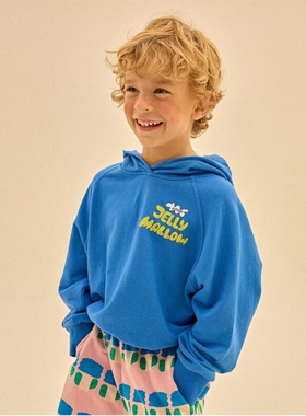 110-140韩系潮童JM蓝色后背卡通字母薄款连帽套头卫衣