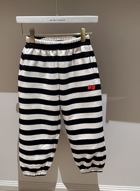 包邮自留100-145韩系潮童RJ黑白条纹抓绒束脚裤