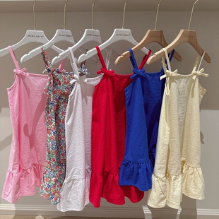 10澳女童梭织纯棉多色蝴蝶结可调节肩带吊带连衣裙