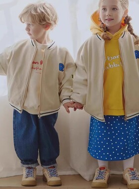 包邮自留100-145韩系潮童RJ男女童pu袖子拼接夹棉棒球外套