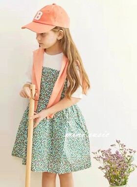 断码110-155韩系女童五分袖打底衫+绿色碎花吊带裙