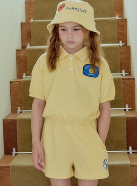 100-145韩系潮童RJ男女童黄色刺绣贴布小翻领短袖T恤短裤（分开拍