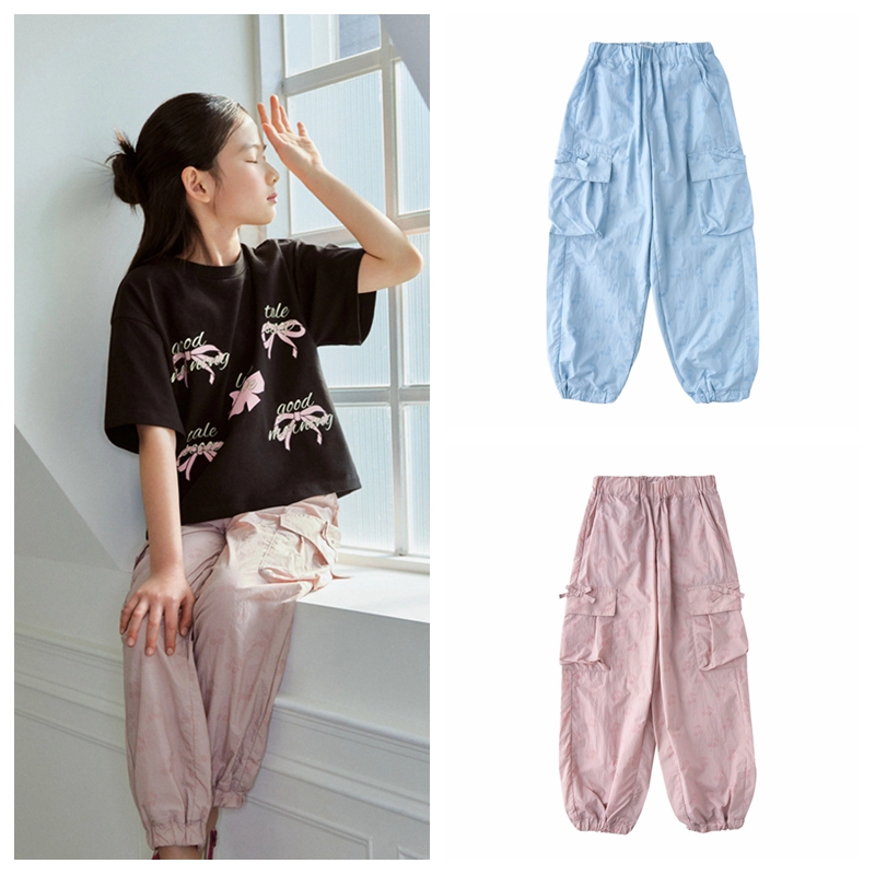 自留110-155韩系高端女童两色满印樱桃束脚口轻软户外休闲长裤