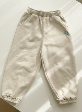 100-145韩系潮童RJ男女童浅卡其字母口袋松紧腰束脚口毛圈长裤