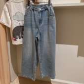 松紧腰做旧阔腿牛仔裤 自留135 155韩系潮童BJ设计师款