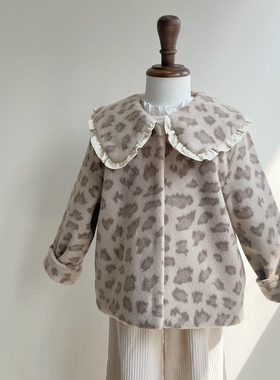 110-155韩系高端女童毛呢灰色满印豹纹翻领夹棉外套