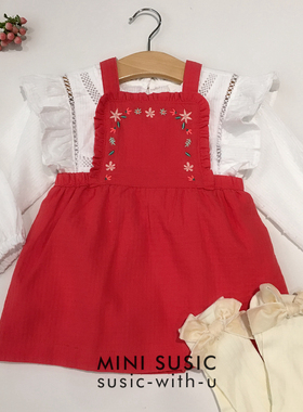 1-4岁法系女童女宝宝纯棉刺绣红色背带裙