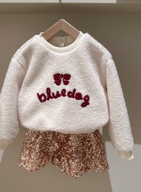 包邮110-155韩系女童仿羊羔毛 刺绣蝴蝶结新年圣诞套头保暖卫衣