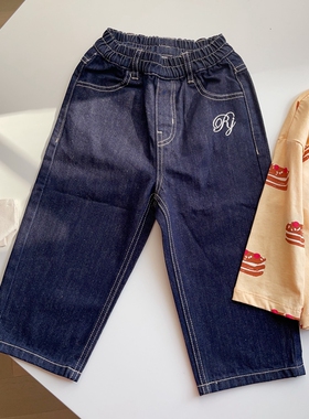 100-145韩系潮童RJ深牛仔刺绣字母松紧腰直筒牛仔裤