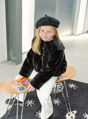 100-155韩系女童黑色毛毛可拆卸毛领仿皮草外套