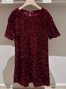 9-16女童中大童亮片丝绒blingbling绒面短袖连衣裙礼服裙