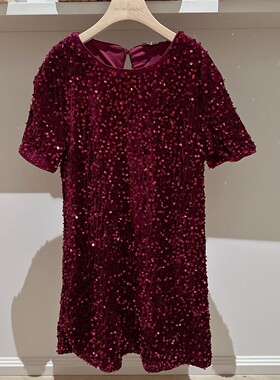 9-16女童中大童亮片丝绒blingbling绒面短袖连衣裙礼服裙