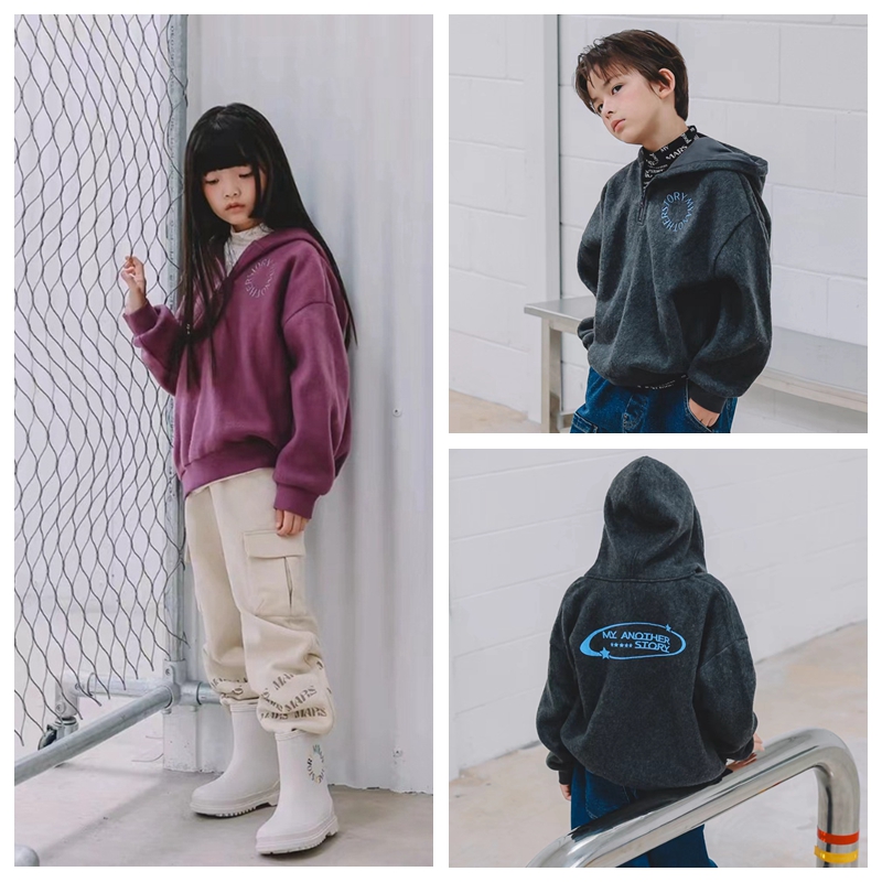 120-165韩系男女童刺绣字母半拉链连帽保暖绒面套头卫衣