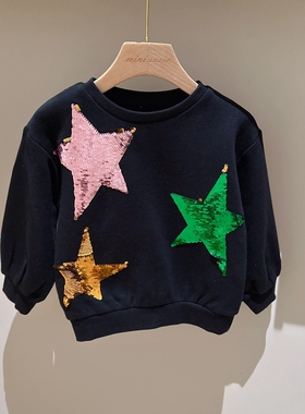 包邮2-14女童黑色刺绣可翻动亮片套头抓绒卫衣