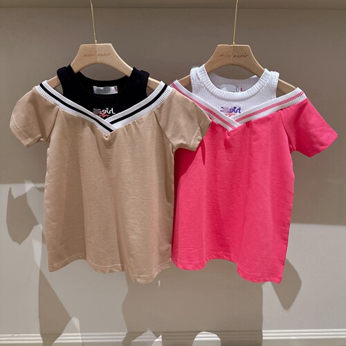 特价（原79）包邮100-140女童潮童两色假两件露肩连衣裙