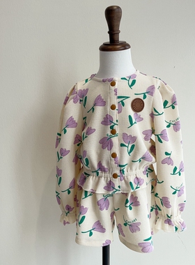 110-150韩系女童贝家满印紫色花多华夫格薄款外套+短裤套装