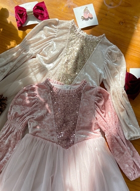 110-130韩系高端女童两色丝绒亮片拼接网纱公主裙礼服裙