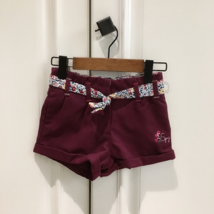 清仓款-BTH-2-8岁法系女童深酒红刺绣碎花腰带短裤 靴裤