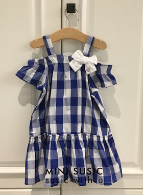 minisusic女童女宝宝蓝白格子单层纯棉吊带露肩连衣裙