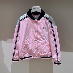 120 165韩系贝家女童柔软亮面拼色单排扣薄夹克外套