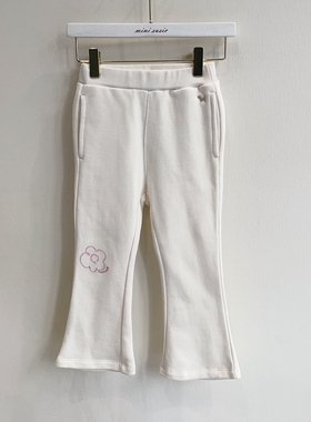 110-160韩系女童米白色刺绣花朵微喇拉绒长裤