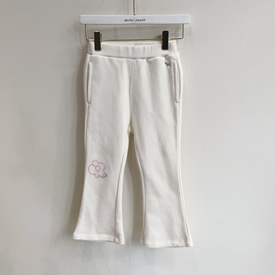 110 160韩系女童米白色刺绣花朵微喇拉绒长裤