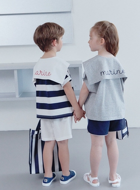 100-145韩系潮童RJ两色海军领宽松版短袖T恤