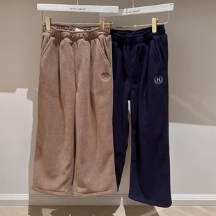 120 160韩系男女童两色刺绣字母绒内里松紧腰直筒长裤