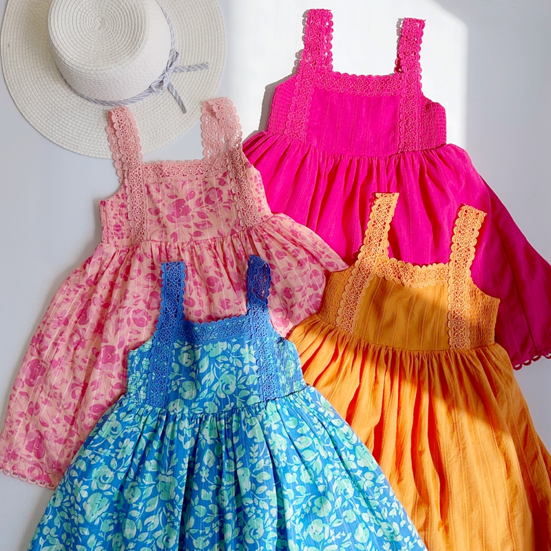 女童四色印花蕾丝吊带无袖裙