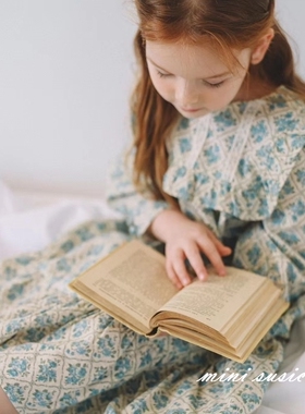 110-145韩系高端童装女童菱形蓝绿色印花长袖连衣裙