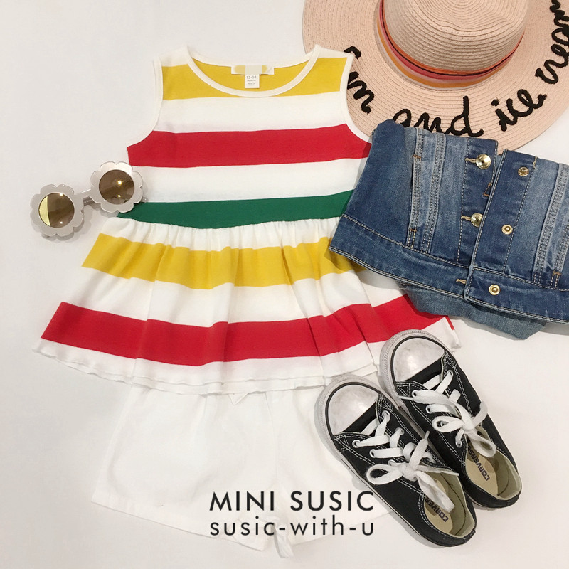 5-4岁澳女童女宝宝纯棉彩色条纹背心式上衣裙