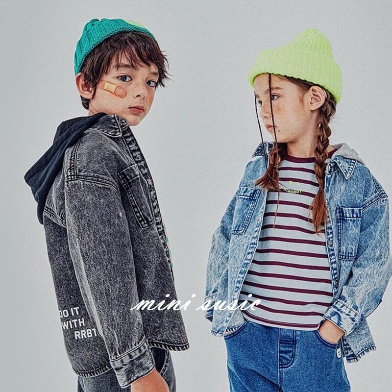 包邮100-155韩系童装男女童做旧牛仔衬衫连帽薄外套