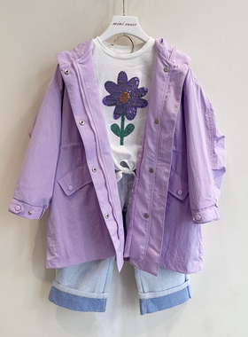 110-160韩系女贝家浅紫色刺绣字母可收腰连帽中长款风衣外套