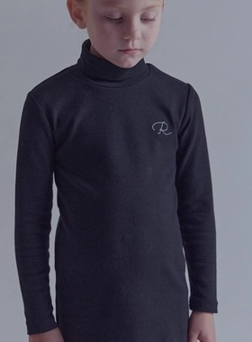 自留100-145韩系潮童RJ黑色刺绣字母高领长袖T恤打底衫