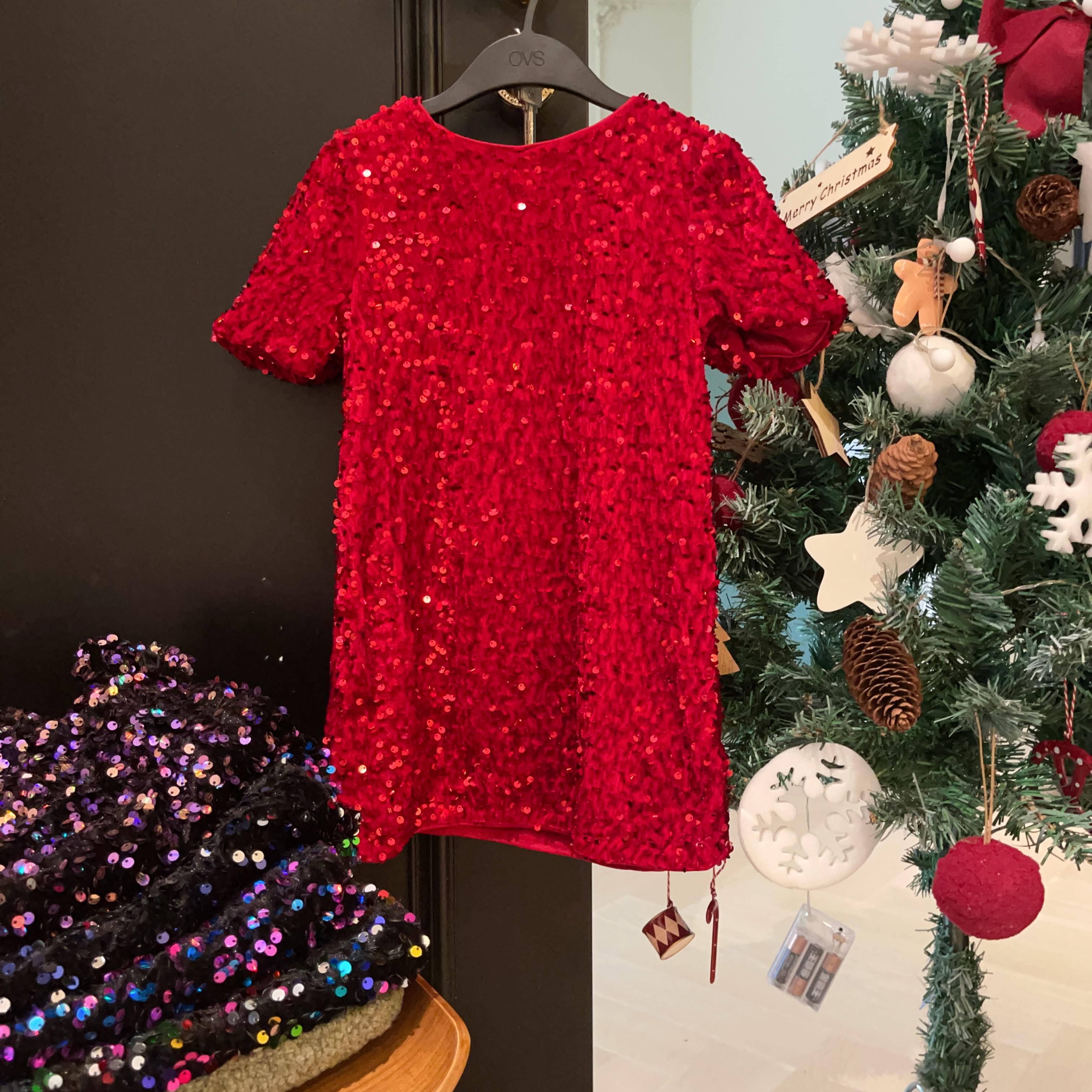 4-12北欧女童丝绒刺绣亮片泡泡袖圆领短袖连衣裙新年圣诞礼服裙