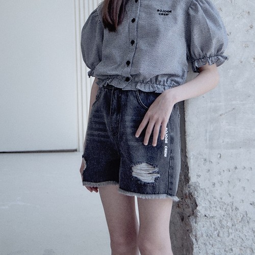 135-155韩系潮童BJ中大童做旧灰字母磨砂破洞毛边牛仔短裤