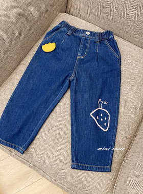 110-140女童蓝色印花卡通牛仔休闲裤