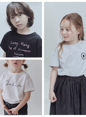 100-145韩系潮童RJ男女童三色字母条纹开叉下摆宽松套头短袖T恤