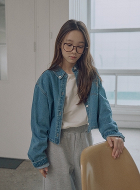 135-155韩系潮童BJ浅蓝色刺绣字母表袋短款牛仔衬衣薄外套