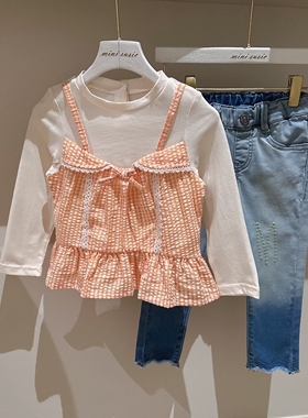 100-155韩系高端女童细格子假两件长袖上衣